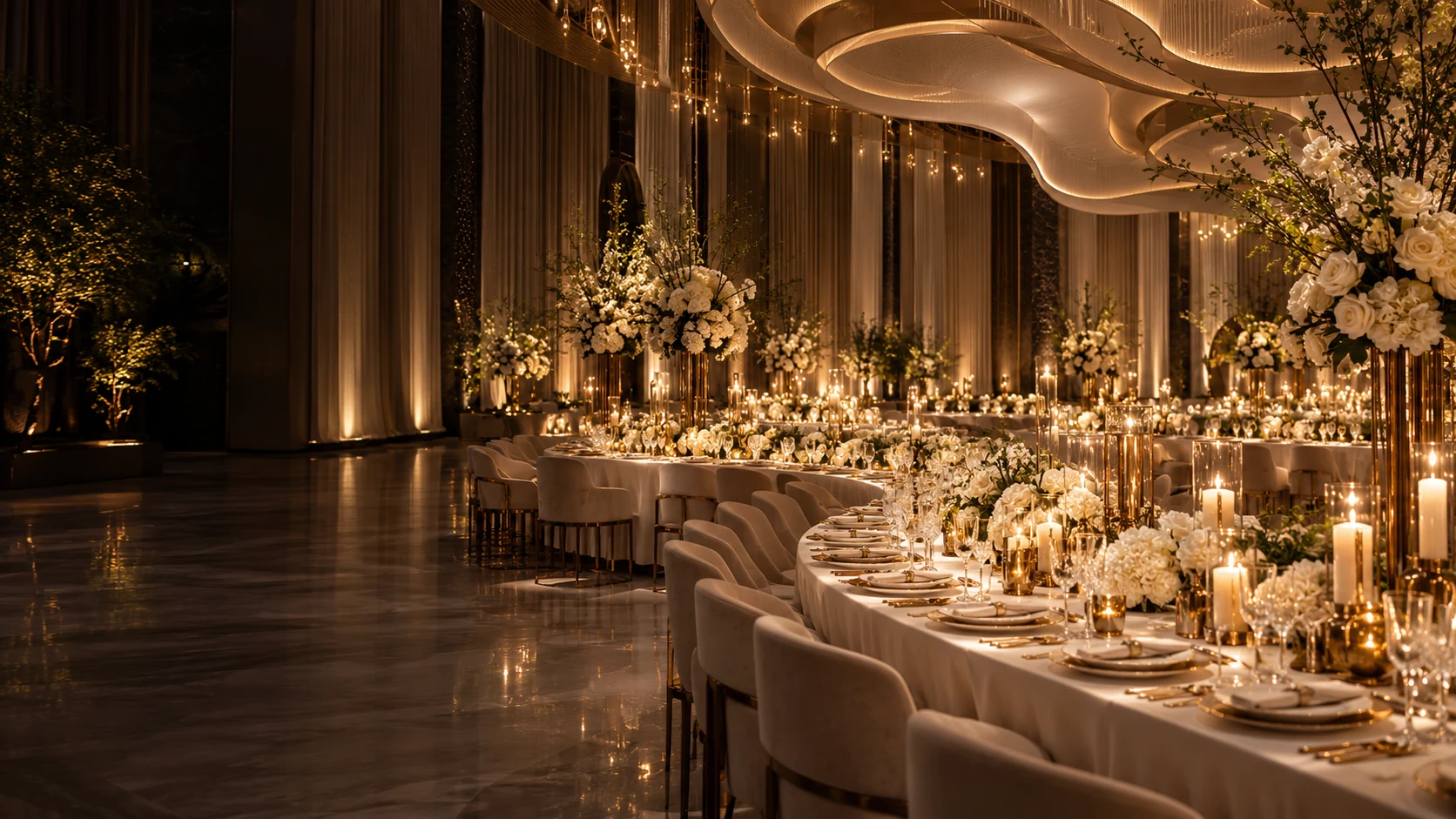 Illustrative concept of an elegant ivory and gold ballroom celebration