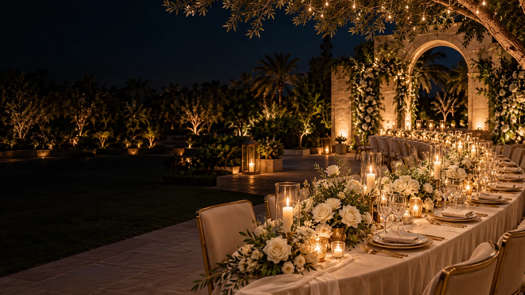 Concept visual of a candlelit garden celebration with ivory flowers and an elegant banquet table