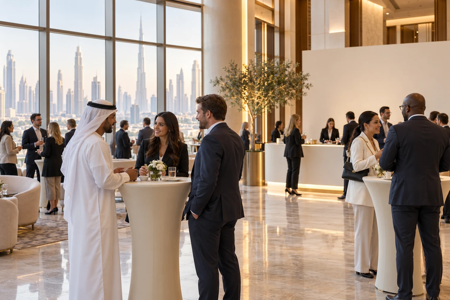 Illustrative concept of professionals connecting in a conference foyer