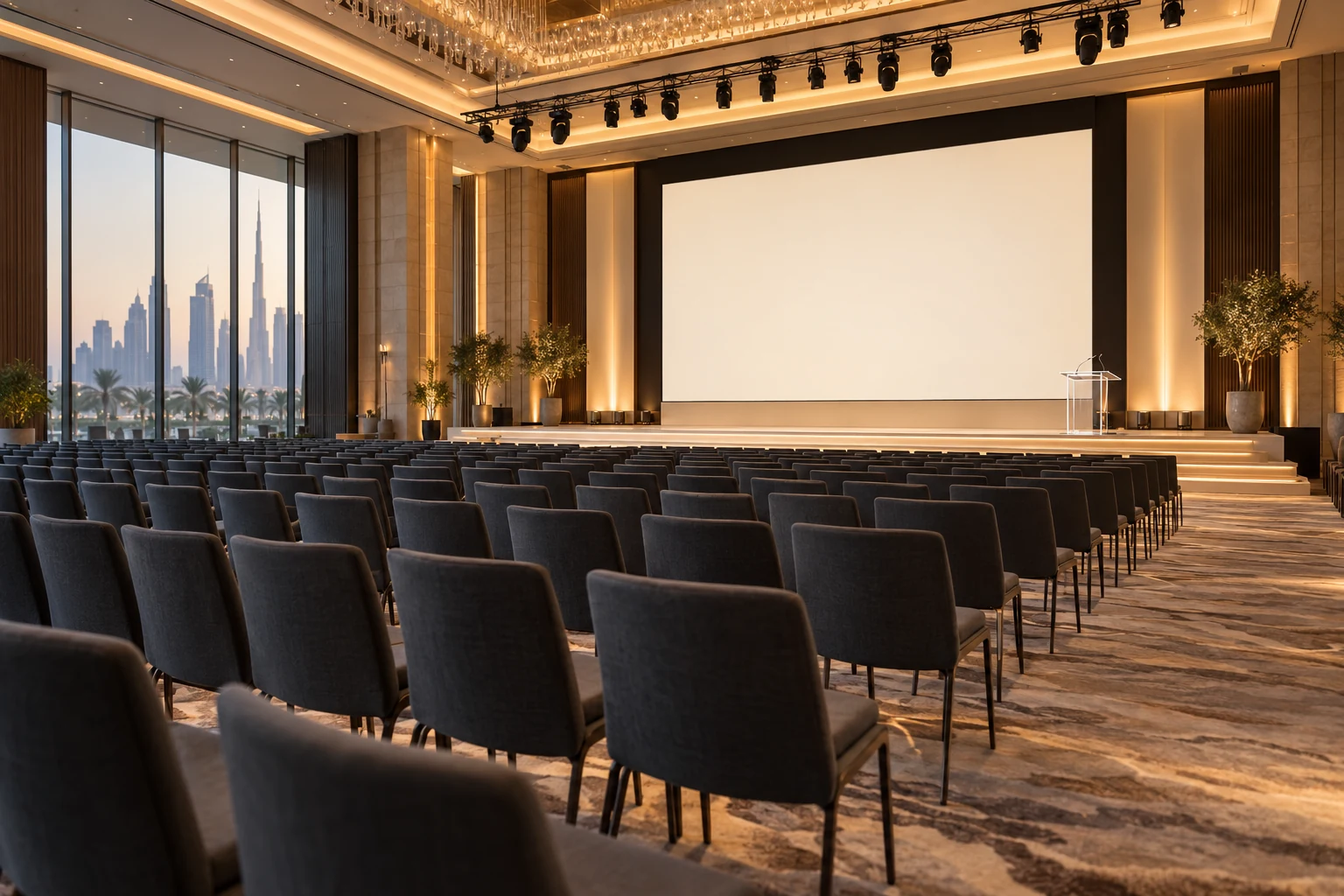 Concept visual of a professional conference auditorium with a wide stage and seating