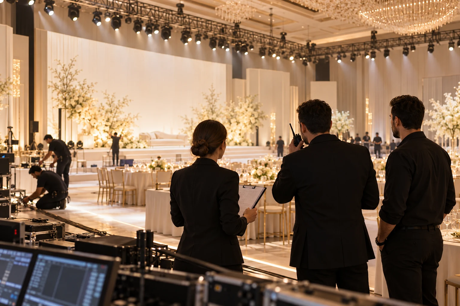 Concept visual of event coordinators preparing an elegant ballroom