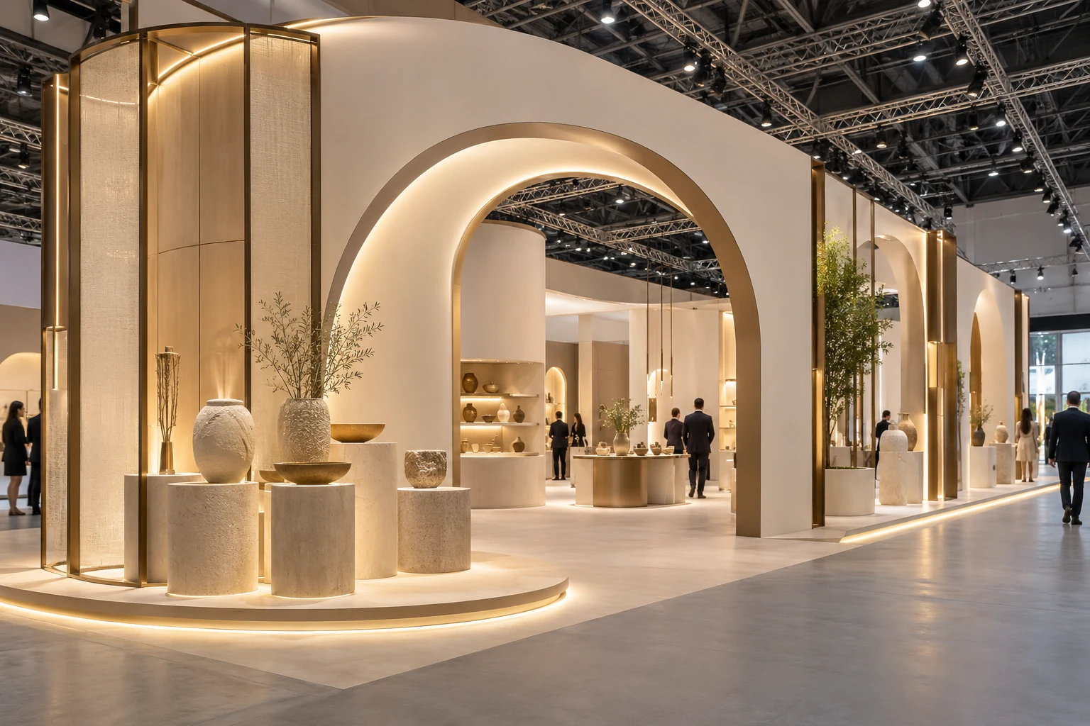 Concept visual of an ivory and gold exhibition pavilion with open visitor circulation
