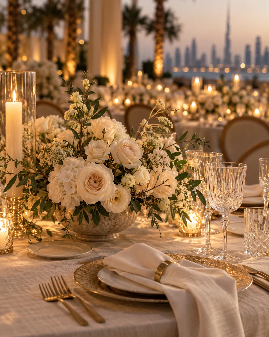 Concept visual of ivory flowers, crystal glassware and warm candlelight on an event table